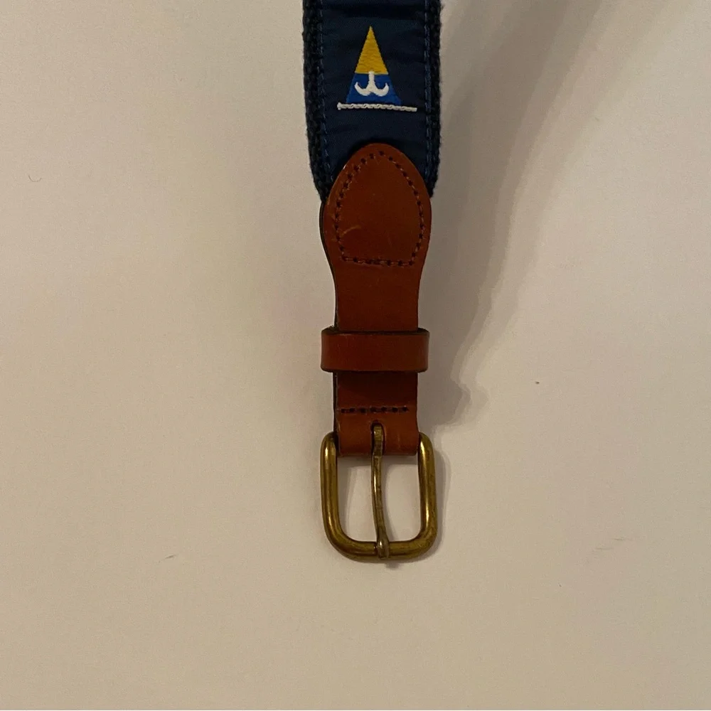 LEATHER MAN MENS BELT BLUE NAUTICAL FLAGS BROWN TAN Size 30 BRASS BUCKLE USA